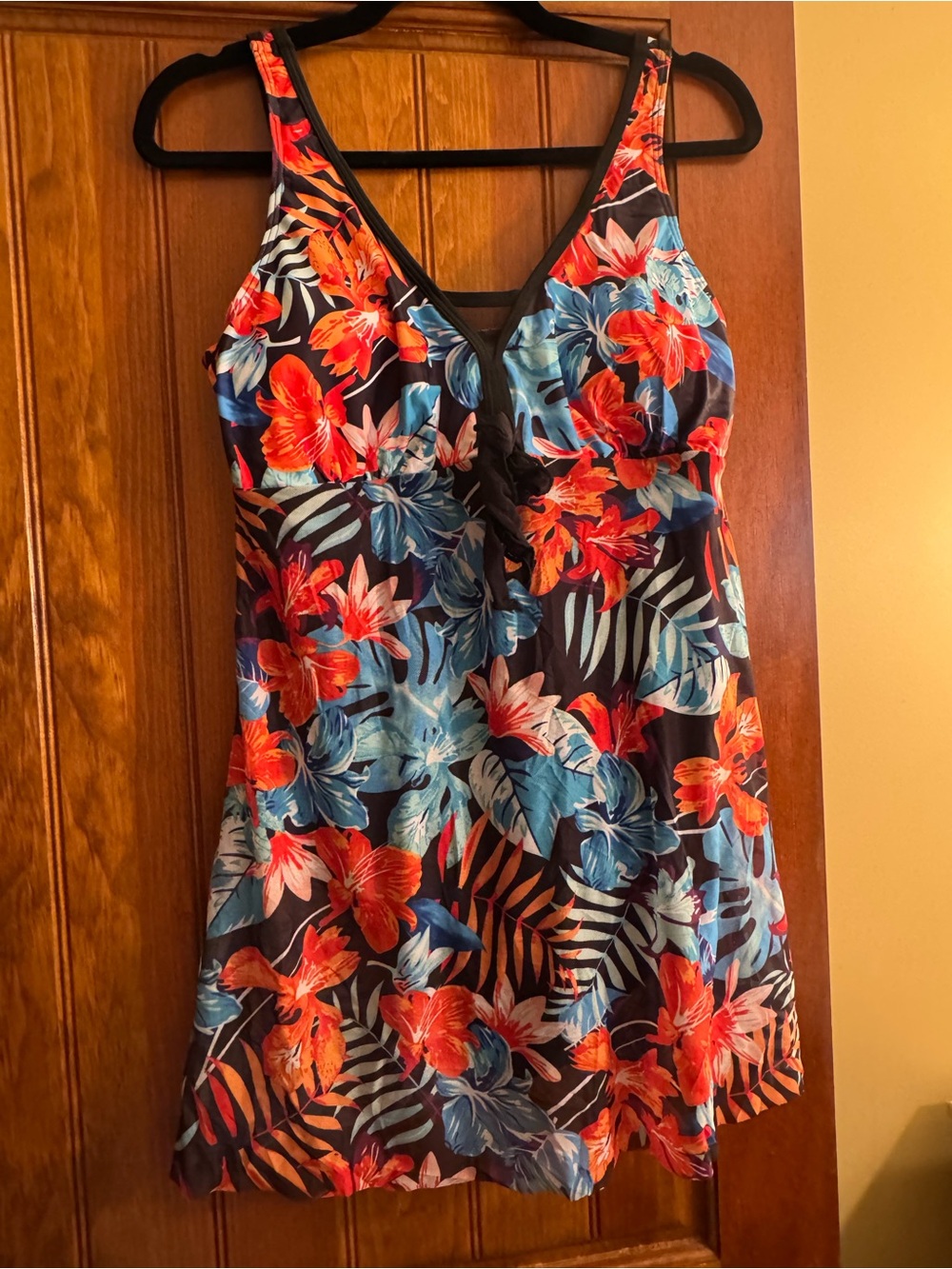 Amazon Women's Black One-Piece Swimdress with Red and Blue Floral Print